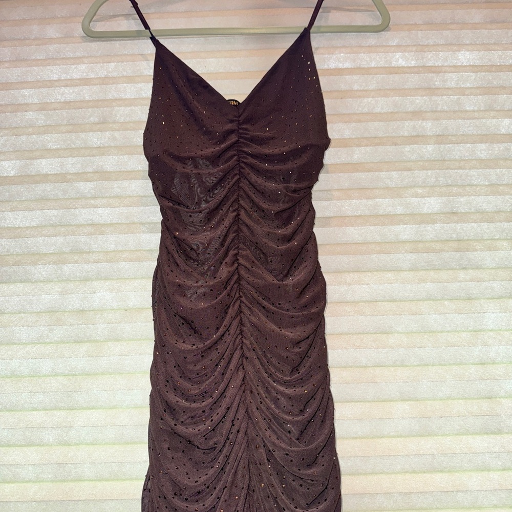 AFRM Brown Ruched Spaghetti-Strap Mini Dress